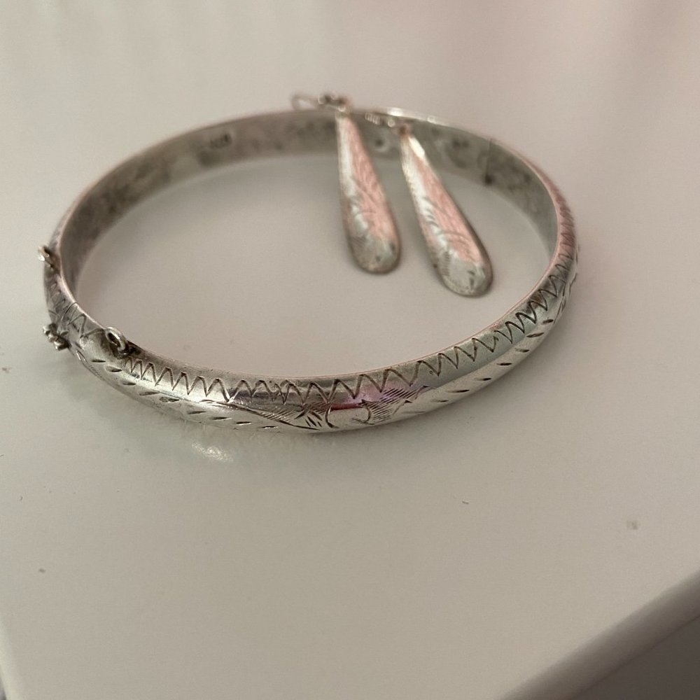 Vintage Etched Silver Bangle and Earrings